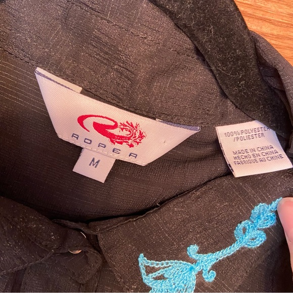 Roper Y2K blue embroidered sheer black pearl snap front western shirt - Picture 7 of 8